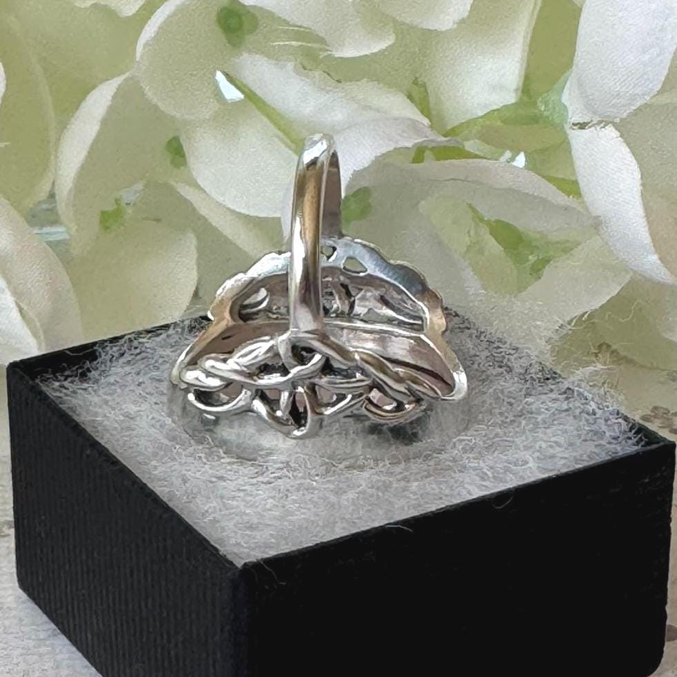 Antique Arts Crafts Rose Quartz Ring: Edwardian Sterling Silver Cabochon Statement Ring