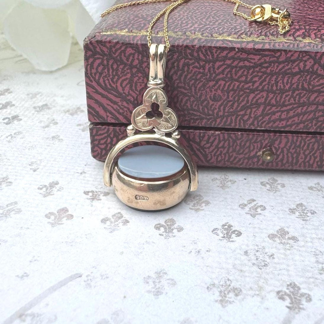 Victorian 9ct Gold Bloodstone & White Chalcedony Shamrock Spinner Fob Pendant. Antique Yellow Gold 3-Ring Trefoil Spinning Pendant Necklace