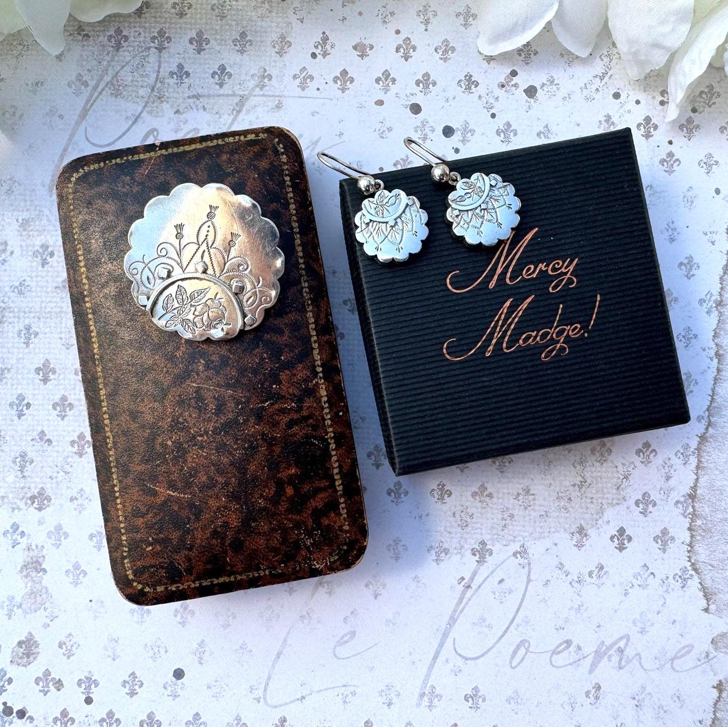 Rare Antique Victorian Aesthetic Engraved Sterling Silver Scottish Thistle Locket Brooch & Earring Set In Original Fitted Jewellery Case