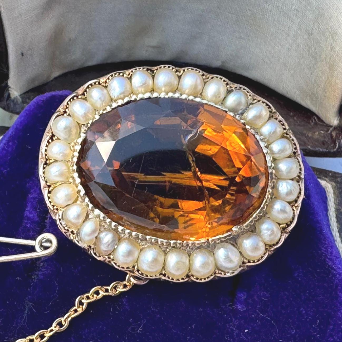 Antique Georgian 25ct Oval Cut Citrine & Pearl 15ct Gold Brooch. Victorian Rose Gold Scottish Cairngorm Golden Citrine Seed Pearl Brooch