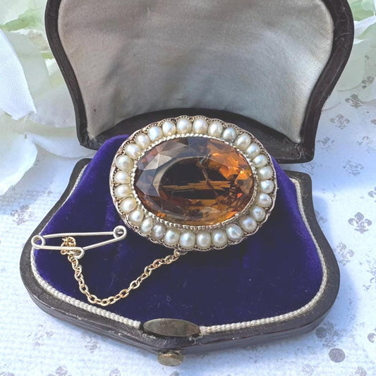 Antique Georgian 25ct Oval Cut Citrine & Pearl 15ct Gold Brooch. Victorian Rose Gold Scottish Cairngorm Golden Citrine Seed Pearl Brooch