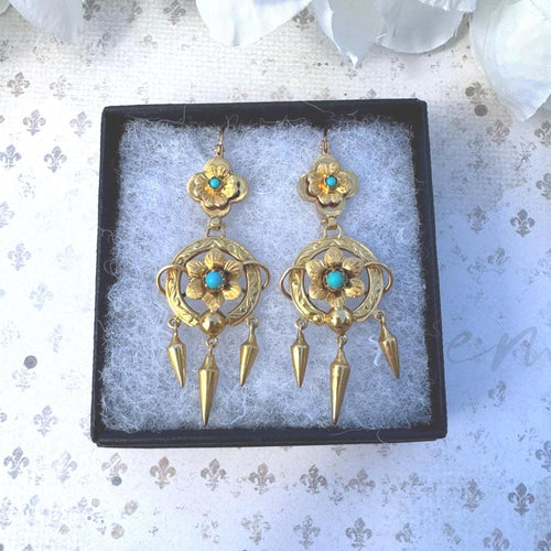 Antique Victorian 18ct Gold Turquoise Forget-Me-Not Drop Earrings. Yellow Gold & Blue Gemstone Etruscan Revival Pendant Drop Hook Earrings