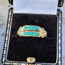 Charger l&#39;image dans la galerie, Antique Victorian Turquoise &amp; Pearl 15ct Yellow Gold Split Band Ring, Dated 1876. Antique Half Hoop Gemstone Stacking Ring Size N.5 UK/ 7 US
