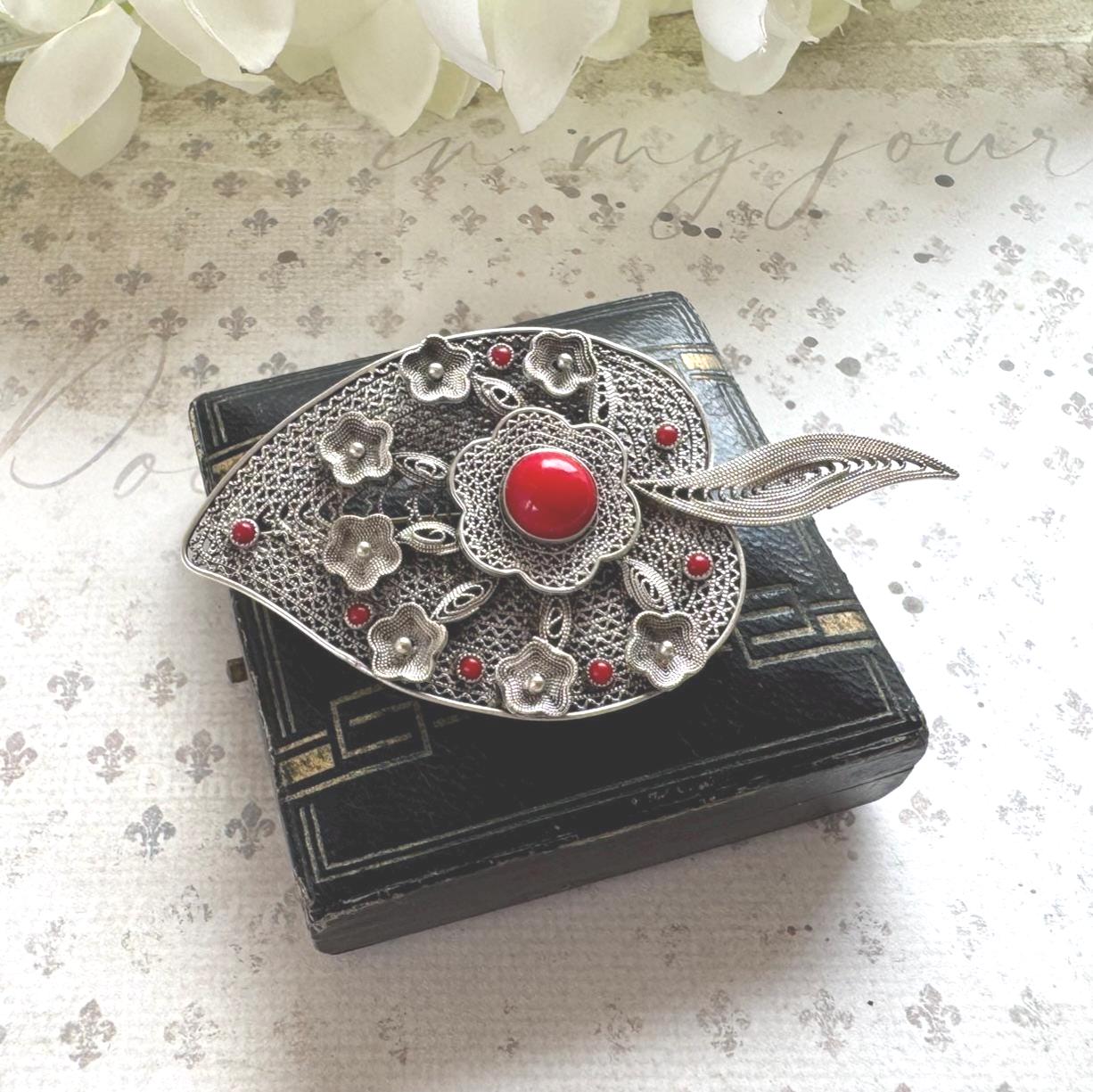 Vintage Art Deco Italian Coral & Silver Cannetille Witches Heart Brooch. Large 1930's Natural Red Coral 800 Silver Figural Brooch/Pendant