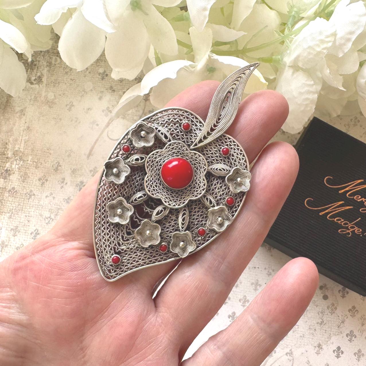 Vintage Art Deco Italian Coral & Silver Cannetille Witches Heart Brooch. Large 1930's Natural Red Coral 800 Silver Figural Brooch/Pendant