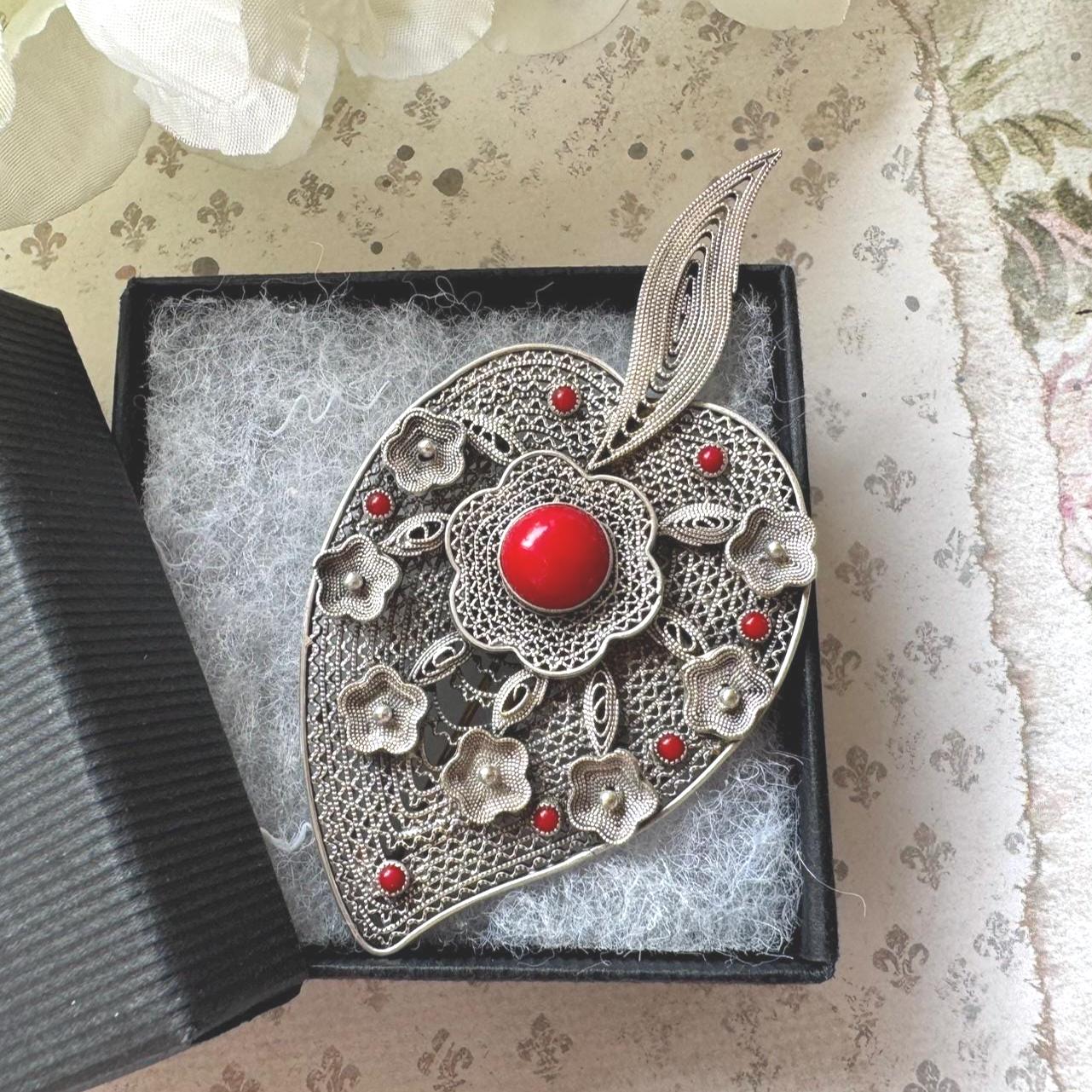 Vintage Art Deco Italian Coral & Silver Cannetille Witches Heart Brooch. Large 1930's Natural Red Coral 800 Silver Figural Brooch/Pendant