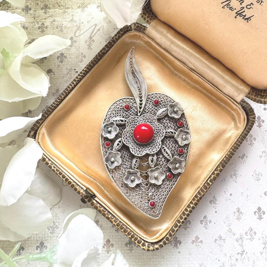 Vintage Art Deco Italian Coral & Silver Cannetille Witches Heart Brooch. Large 1930's Natural Red Coral 800 Silver Figural Brooch/Pendant