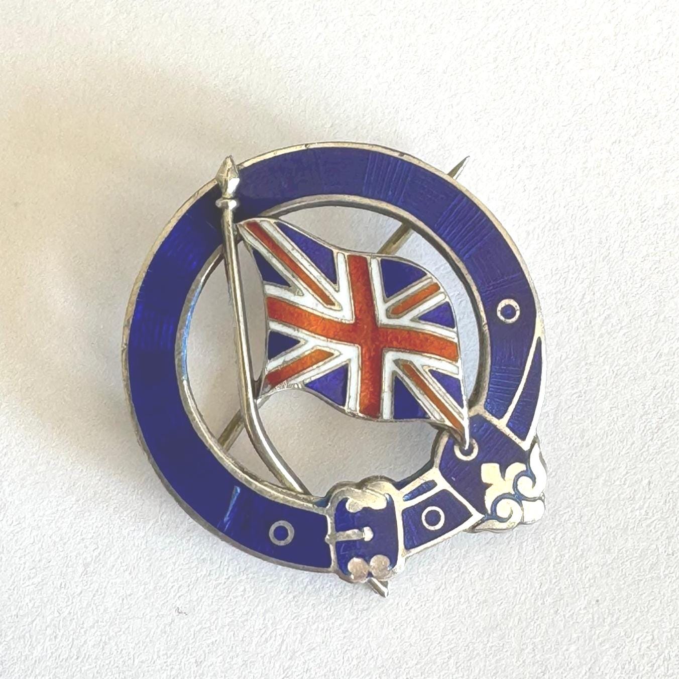 Antique Silver & Enamel Royal Garter Patriotic Union Jack Flag Brooch