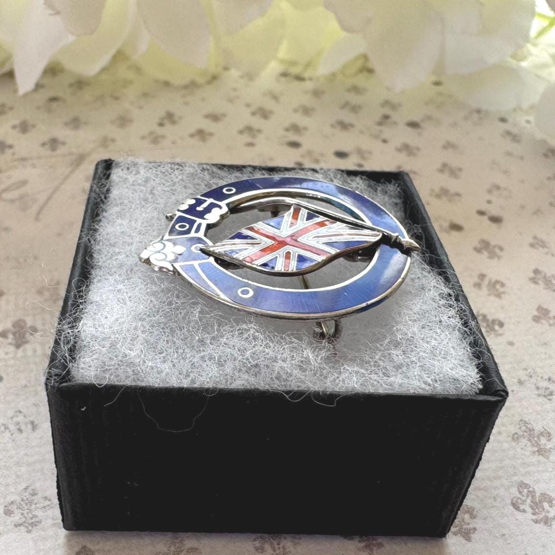 Antique Silver & Enamel Royal Garter Patriotic Union Jack Flag Brooch