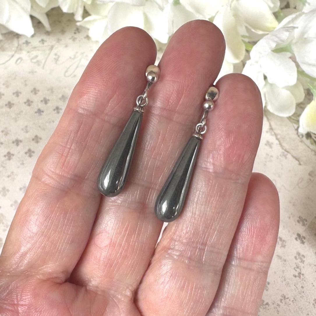 Antique Art Deco Sterling Silver Black Spinel Pendeloque Earrings