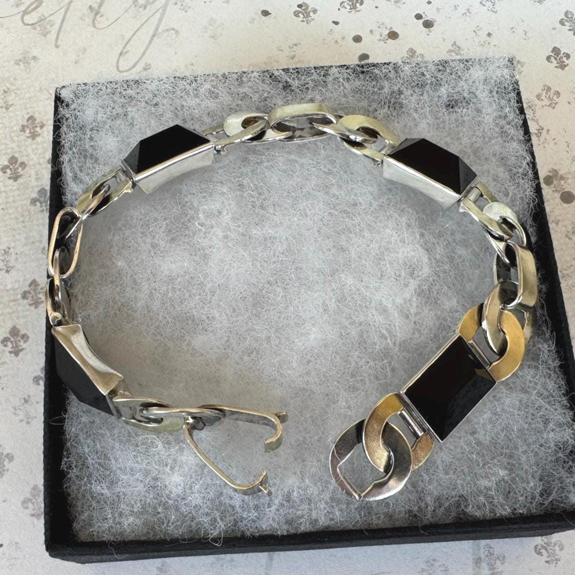 Antique Art Deco Gold & Silver Onyx Eternity Ring Bracelet. Black Sugar Loaf Gemstone Eternal Bond Bracelet. Geometric Silver Panel Bracelet