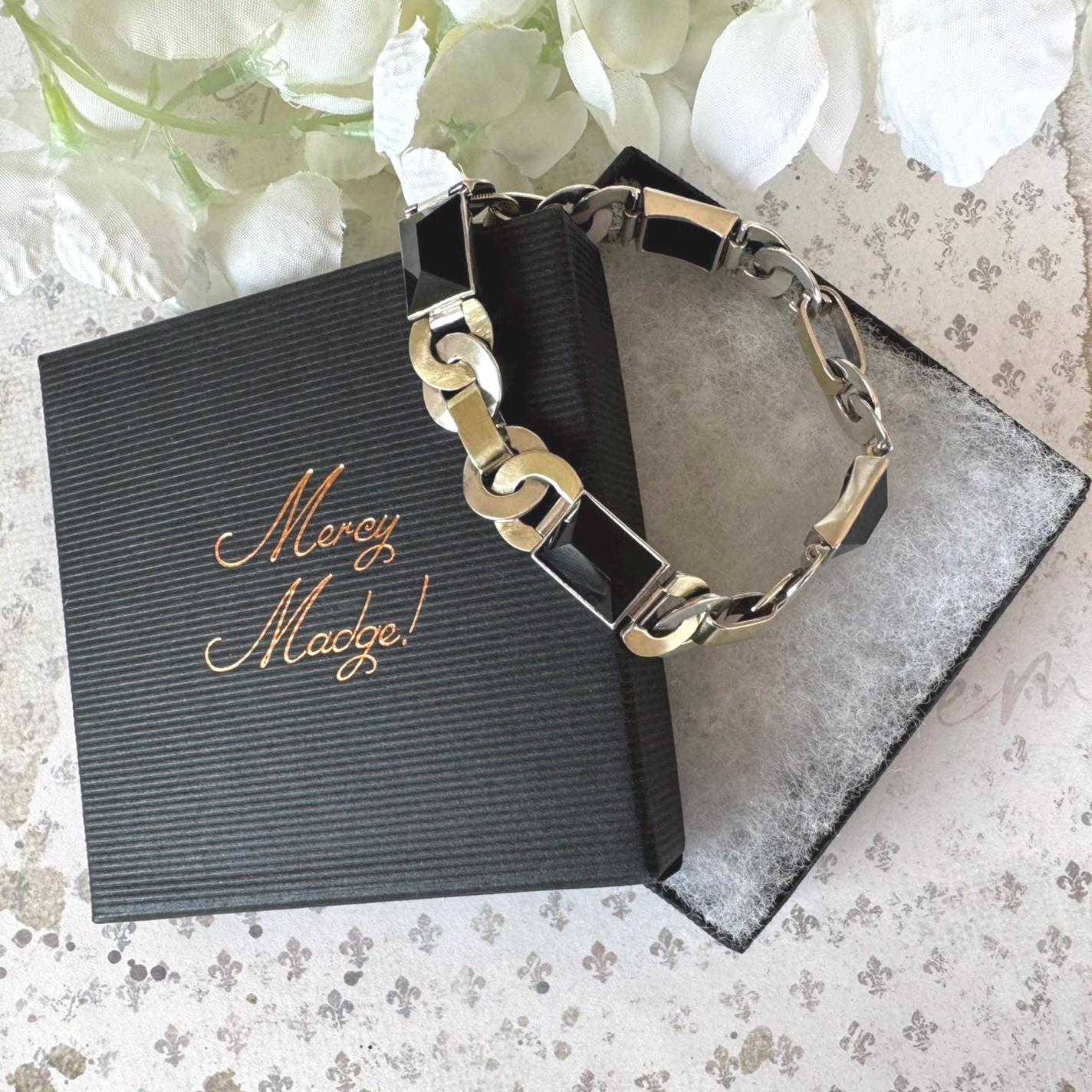 Antique Art Deco Gold & Silver Onyx Eternity Ring Bracelet. Black Sugar Loaf Gemstone Eternal Bond Bracelet. Geometric Silver Panel Bracelet