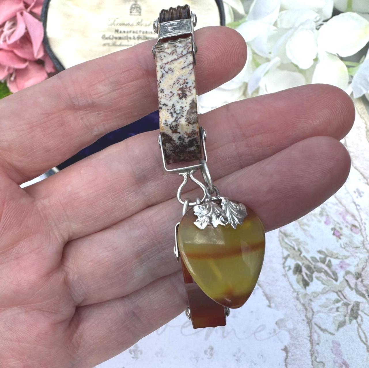 Antique Victorian Scottish Agate Sterling Silver Bracelet With Carved Heart Charm. Victorian Scottish Pebble Mixed Agate Jewellery