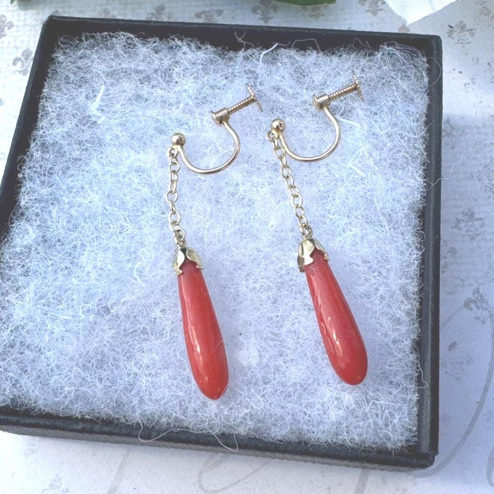 Antique Edwardian 9ct Gold Pendeloque Coral Drop Earrings