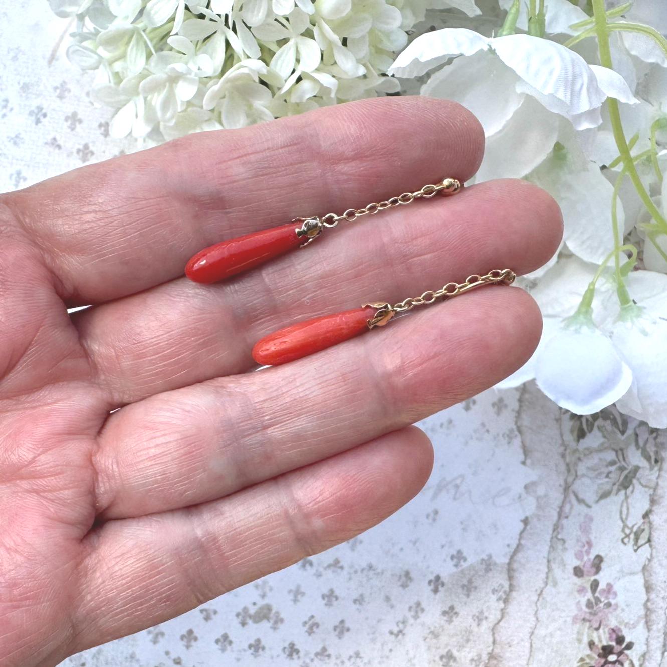 Antique Edwardian 9ct Gold Pendeloque Coral Drop Earrings