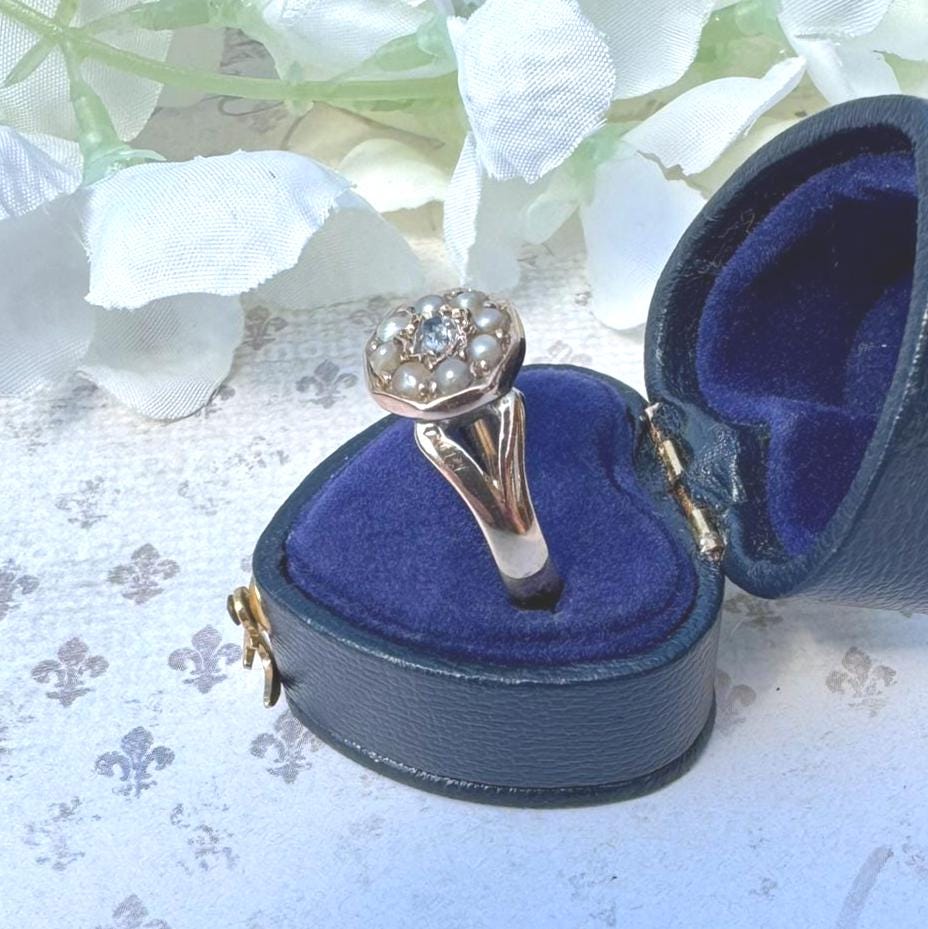 Antique Victorian 15ct Gold Rose Cut Diamond & Pearl Cluster Ring: UK Size O, US 8