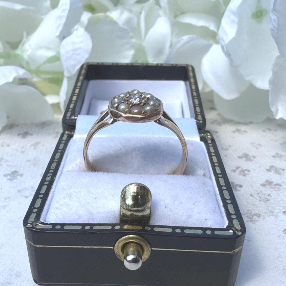 Antique Victorian 15ct Gold Rose Cut Diamond & Pearl Cluster Ring: UK Size O, US 8