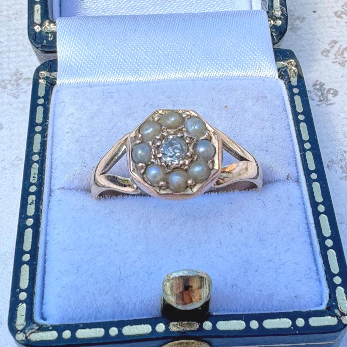 Antique Victorian 15ct Gold Rose Cut Diamond & Pearl Cluster Ring: UK Size O, US 8
