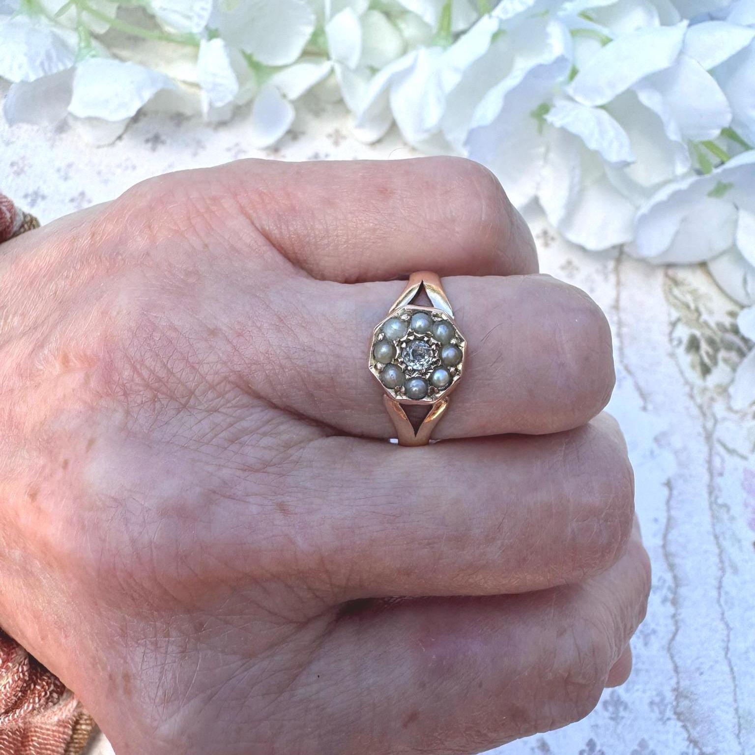 Antique Victorian 15ct Gold Rose Cut Diamond & Pearl Cluster Ring: UK Size O, US 8