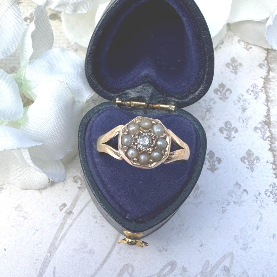 Antique Victorian 15ct Gold Rose Cut Diamond & Pearl Cluster Ring: UK Size O, US 8
