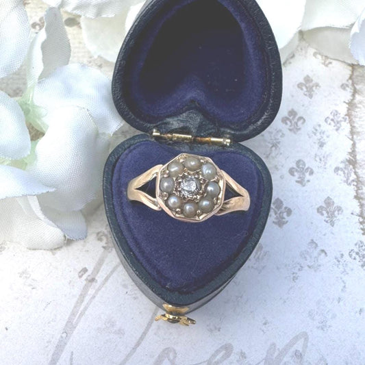Antique Victorian 15ct Gold Rose Cut Diamond & Pearl Cluster Ring: UK Size O, US 8