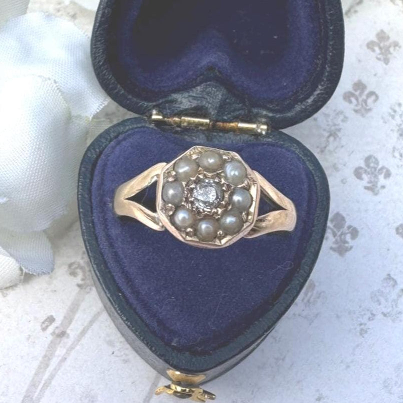 Antique Victorian 15ct Gold Rose-Cut Diamond & Pearl Octagonal Shaped Ring. Old Cut Diamond and Seed Pearl Halo Ring, UK Size O, US 8