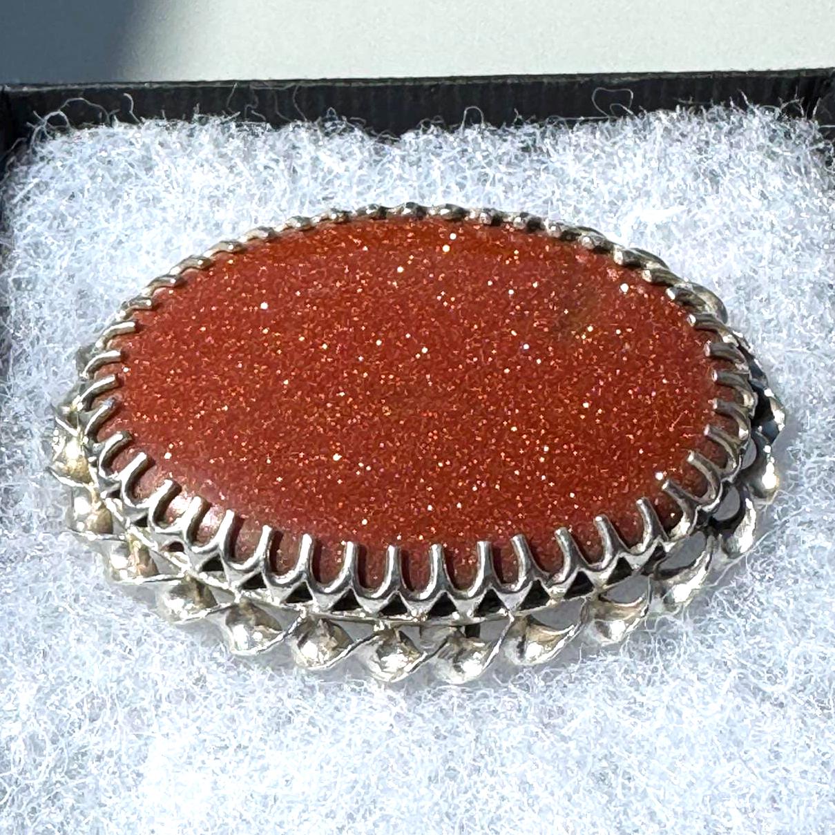 Vintage English Silver Goldstone Oval Brooch. Victorian Scottish Inspired Sterling Silver Aventurine Glass Cabochon Brooch, Paul Edward Bunn