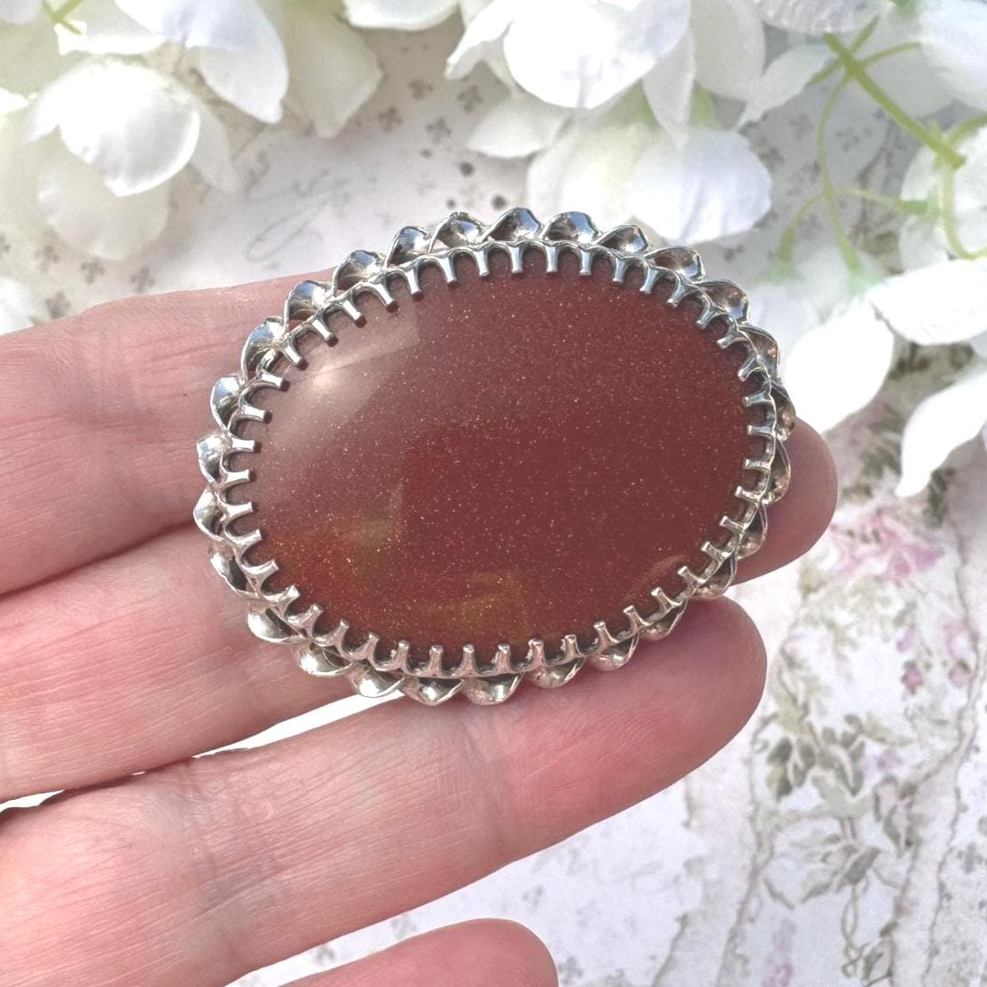 Vintage English Silver Goldstone Oval Brooch. Victorian Scottish Inspired Sterling Silver Aventurine Glass Cabochon Brooch, Paul Edward Bunn