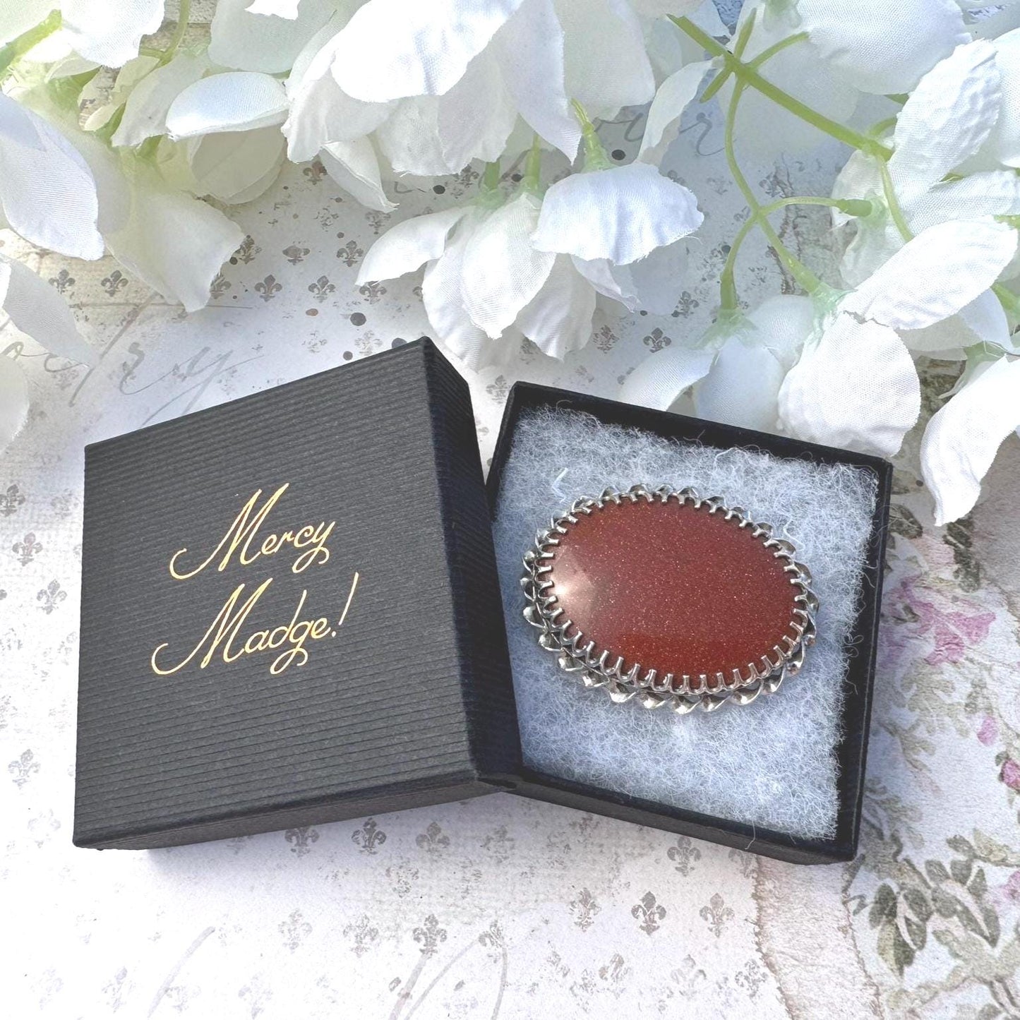 Vintage English Silver Goldstone Oval Brooch. Victorian Scottish Inspired Sterling Silver Aventurine Glass Cabochon Brooch, Paul Edward Bunn