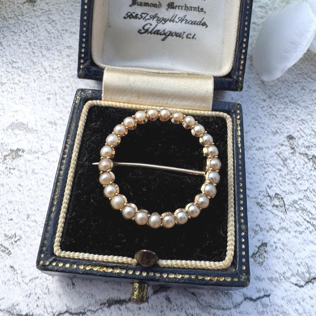 Antique Georgian 15ct Gold Pearl Circle Brooch. Eternity Love Token Bridal Jewellery. Alternative Antique Stock/Lapel/Cravat Pin
