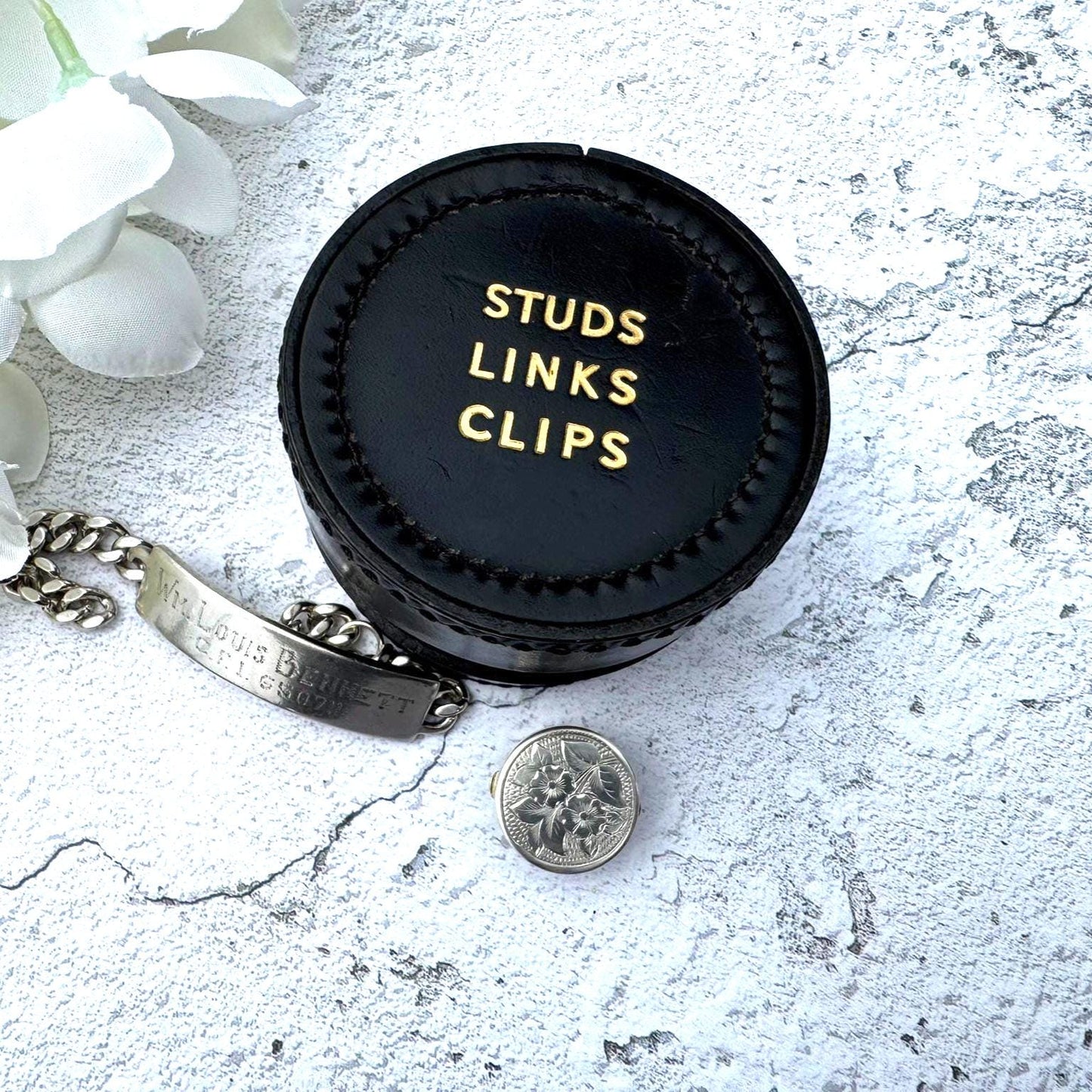 Vintage English Leather Gents Stud Jewellery Box. Drum Shaped Black & Gold Stud, Link, Clip Box. Collection/ Display/Travel/Storage/Gift Box