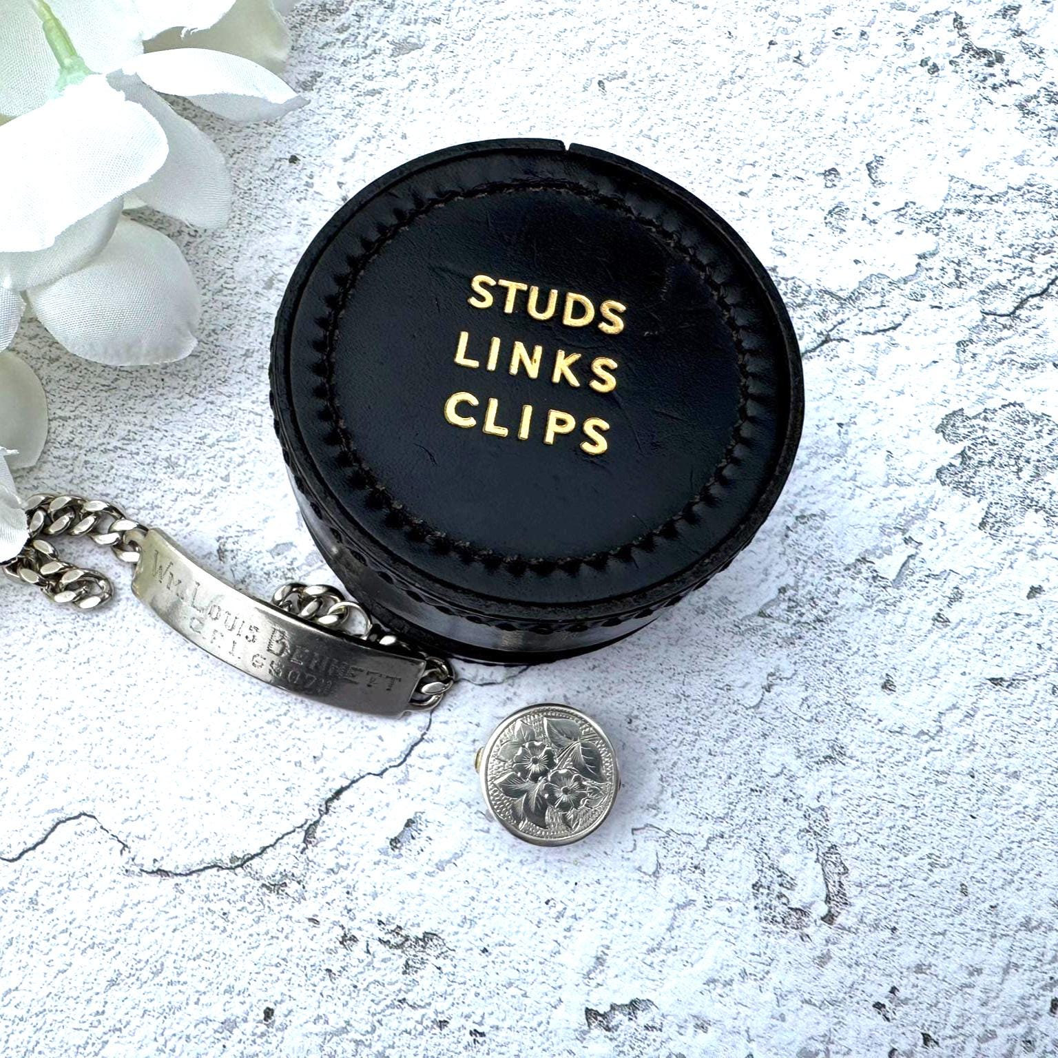 Vintage English Leather Gents Stud Jewellery Box. Drum Shaped Black & Gold Stud, Link, Clip Box. Collection/ Display/Travel/Storage/Gift Box