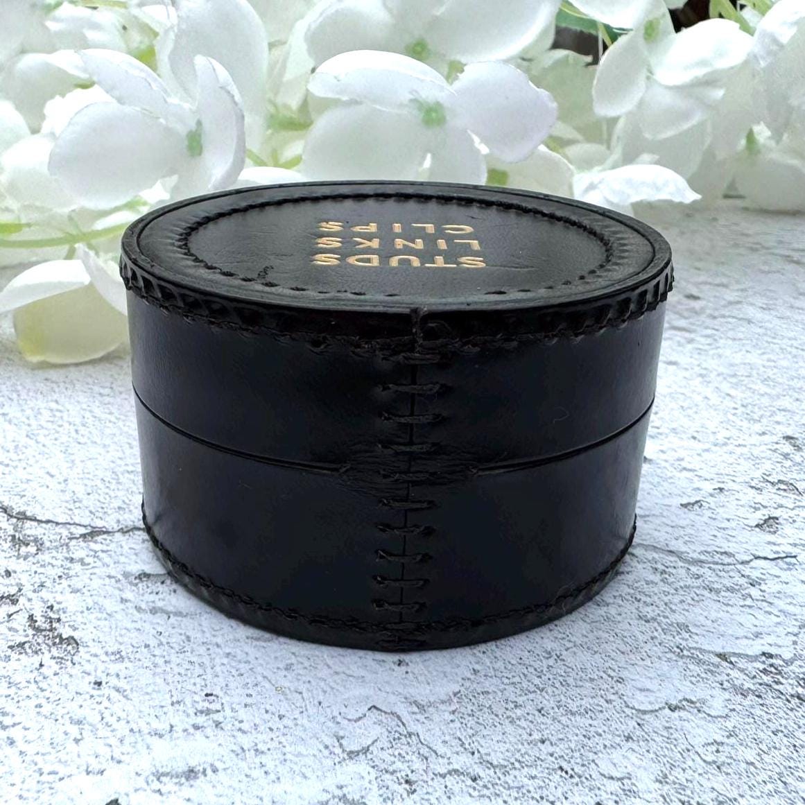 Vintage English Leather Gents Stud Jewellery Box. Drum Shaped Black & Gold Stud, Link, Clip Box. Collection/ Display/Travel/Storage/Gift Box