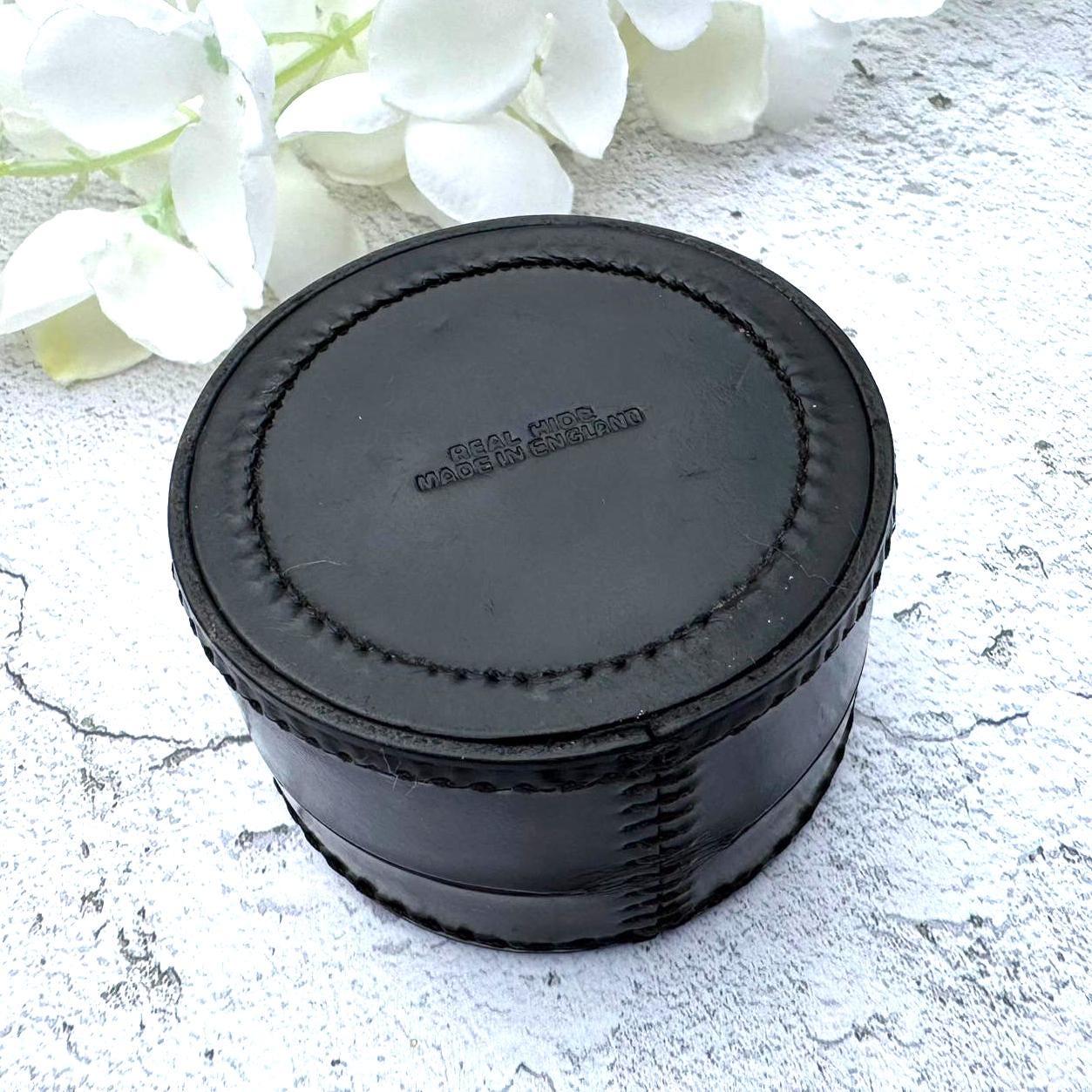 Vintage English Leather Gents Stud Jewellery Box. Drum Shaped Black & Gold Stud, Link, Clip Box. Collection/ Display/Travel/Storage/Gift Box