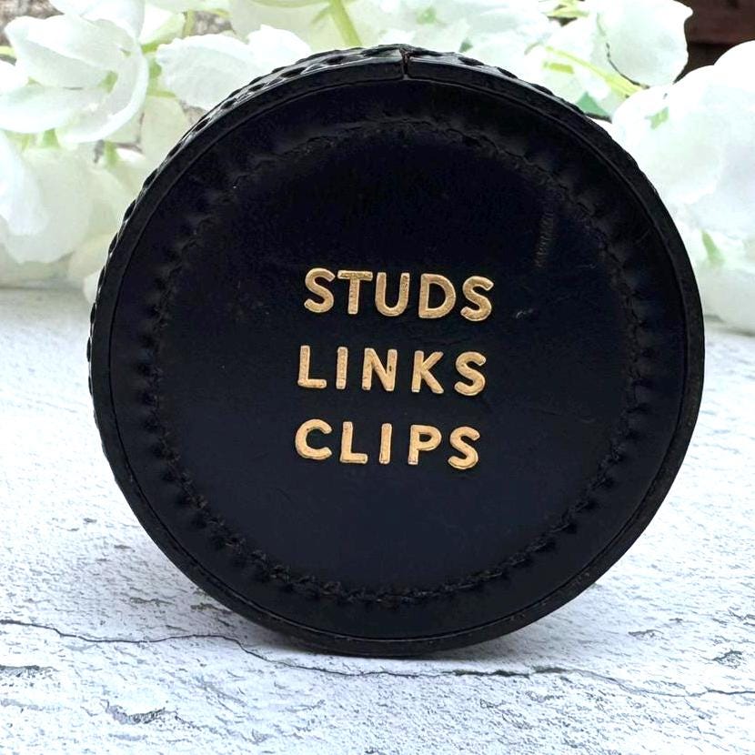 Vintage English Leather Gents Stud Jewellery Box. Drum Shaped Black & Gold Stud, Link, Clip Box. Collection/ Display/Travel/Storage/Gift Box