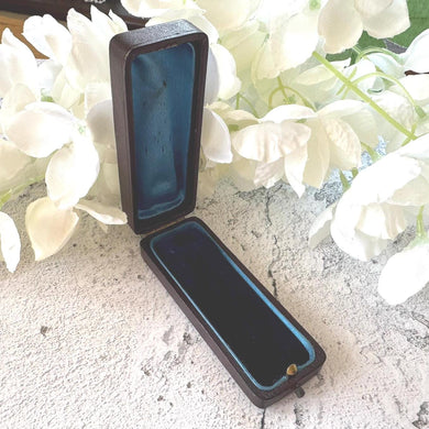 Quality Antique Maroon Leather & Blue Velvet Stick Pin Box. Long Coffin Shaped Jewellery Box For Display/Collection/Gift