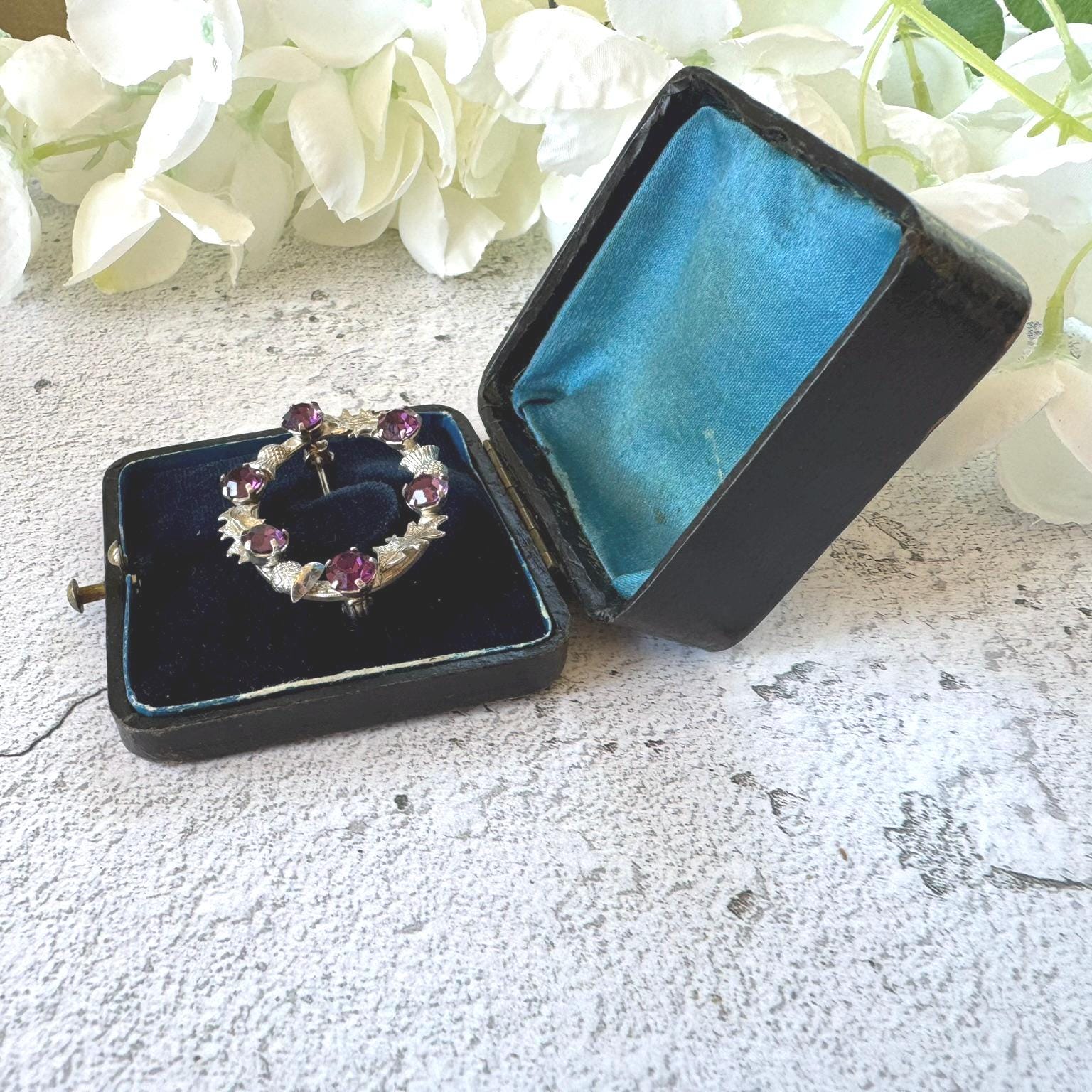 Antique Black & Gold Tooled Leather, Blue Velvet Brooch Box. Square Deep Jewellery Box With Tab For Display/Collection/Gift
