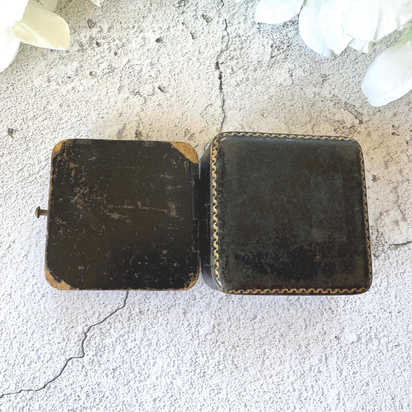 Antique Black & Gold Tooled Leather, Blue Velvet Brooch Box. Square Deep Jewellery Box With Tab For Display/Collection/Gift
