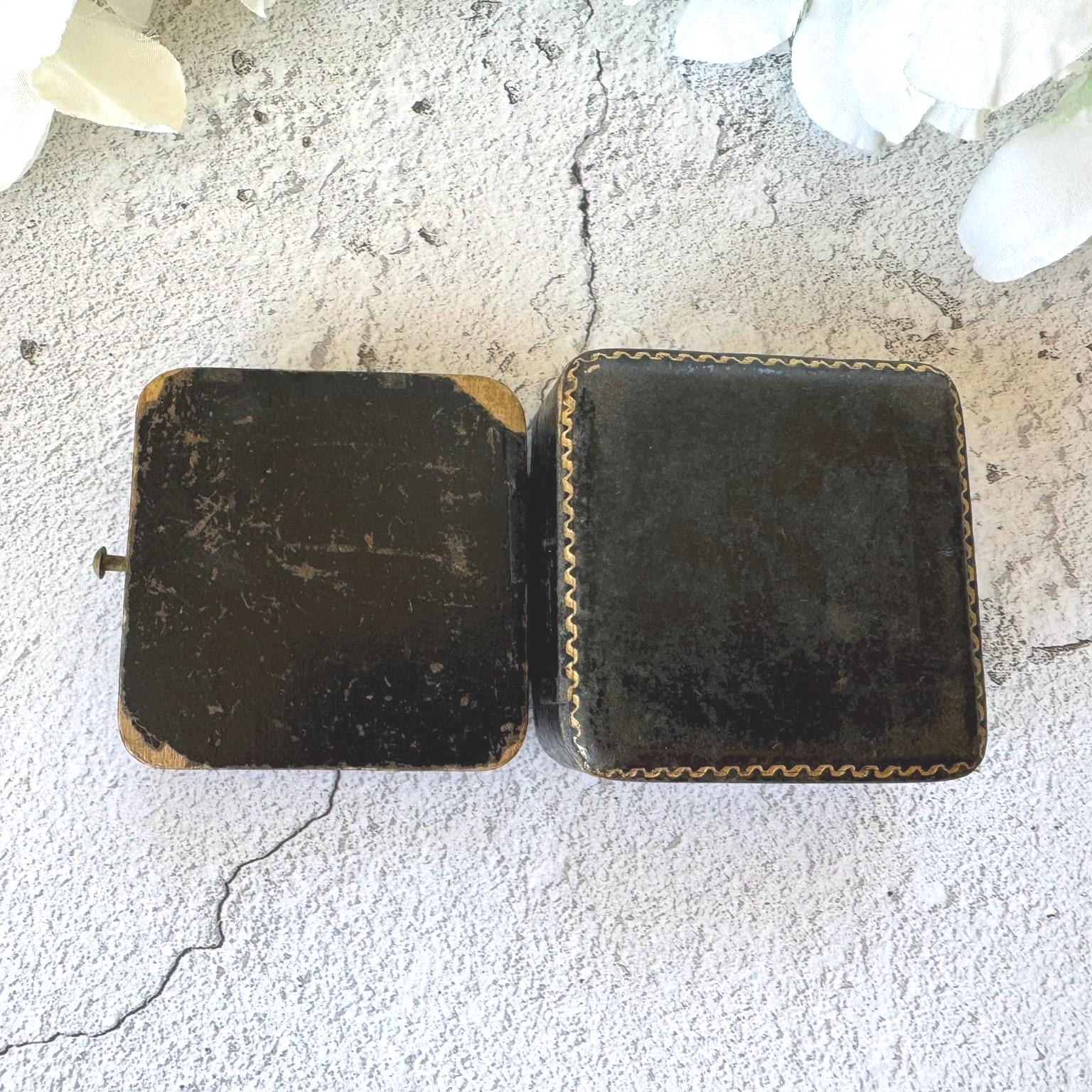 Antique Black & Gold Tooled Leather, Blue Velvet Brooch Box. Square Deep Jewellery Box With Tab For Display/Collection/Gift