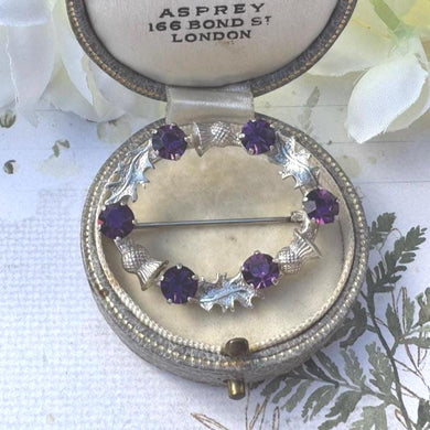 Vintage Sterling Silver & Amethyst Scottish Thistle Wreath Brooch. Ward Brothers Silver Ring Lapel Pin Brooch.