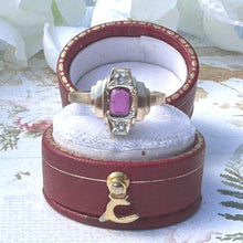 Charger l&#39;image dans la galerie, Antique Art Deco 9ct Gold French-Cut Pink Ruby &amp; White Spinel Ring. Vintage Emerald-Cut Rectangular Ruby Paste Geometric Ring Size N-1/2, 7
