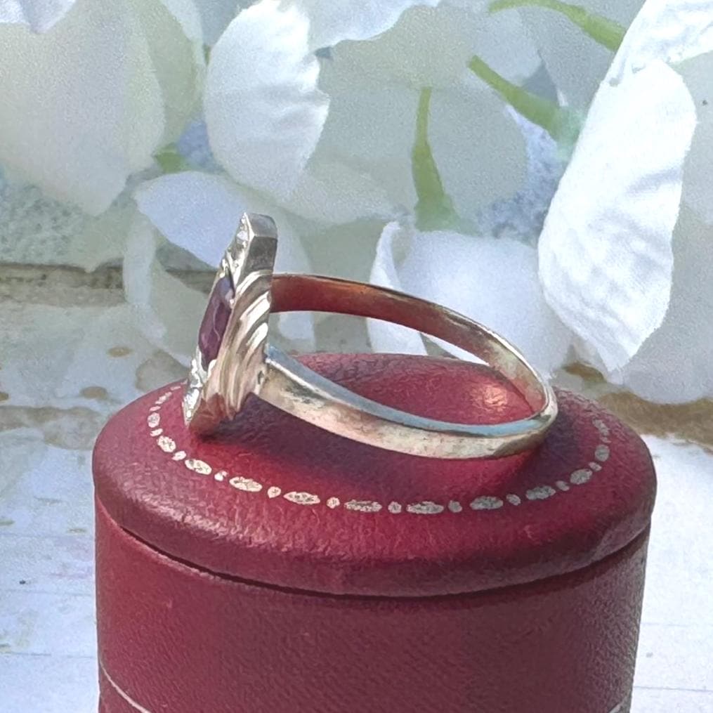 Antique Art Deco 9ct Gold Ruby Paste & White Zircon Geometric Ring