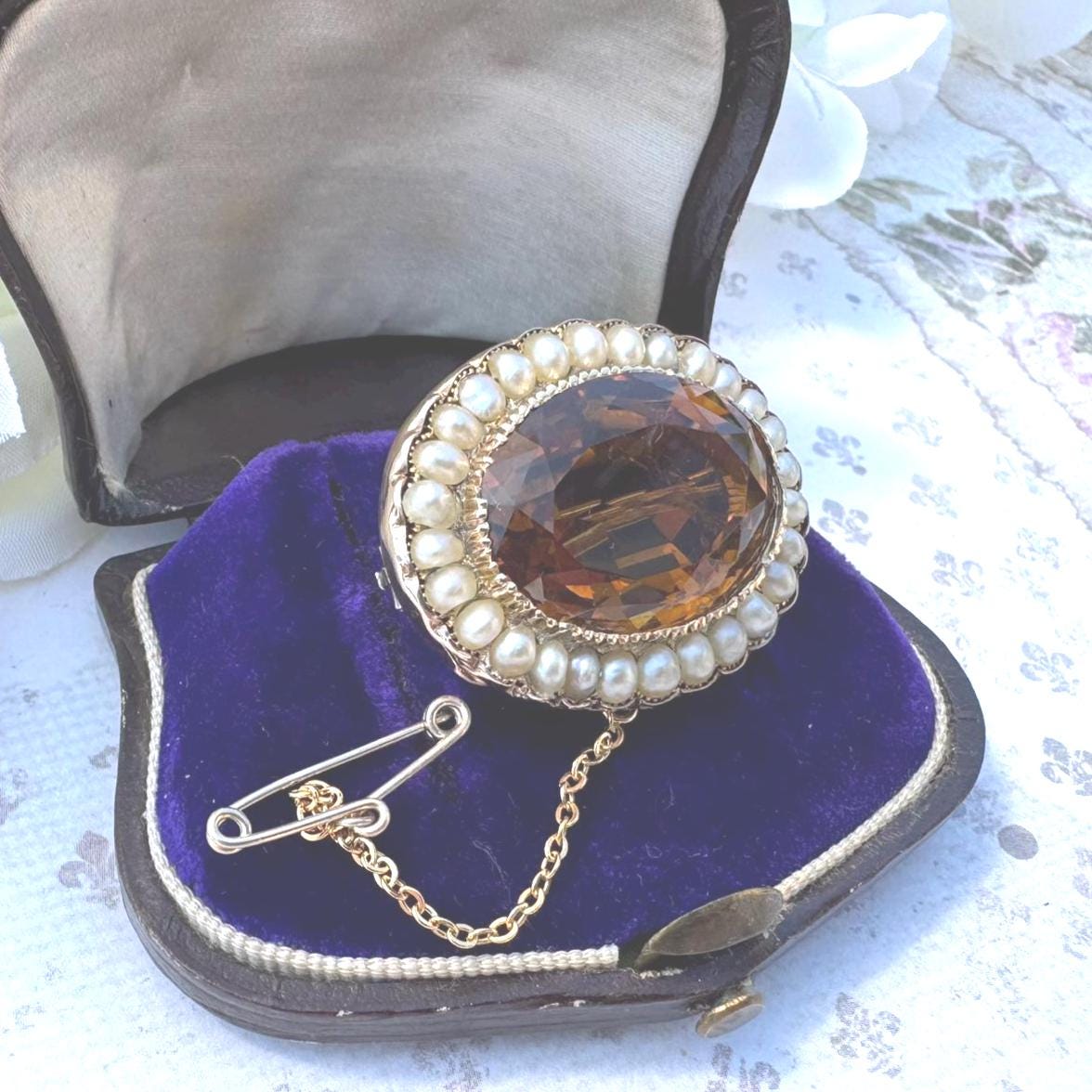 Antique Georgian 25ct Oval Cut Citrine & Pearl 15ct Gold Brooch. Victorian Rose Gold Scottish Cairngorm Golden Citrine Seed Pearl Brooch