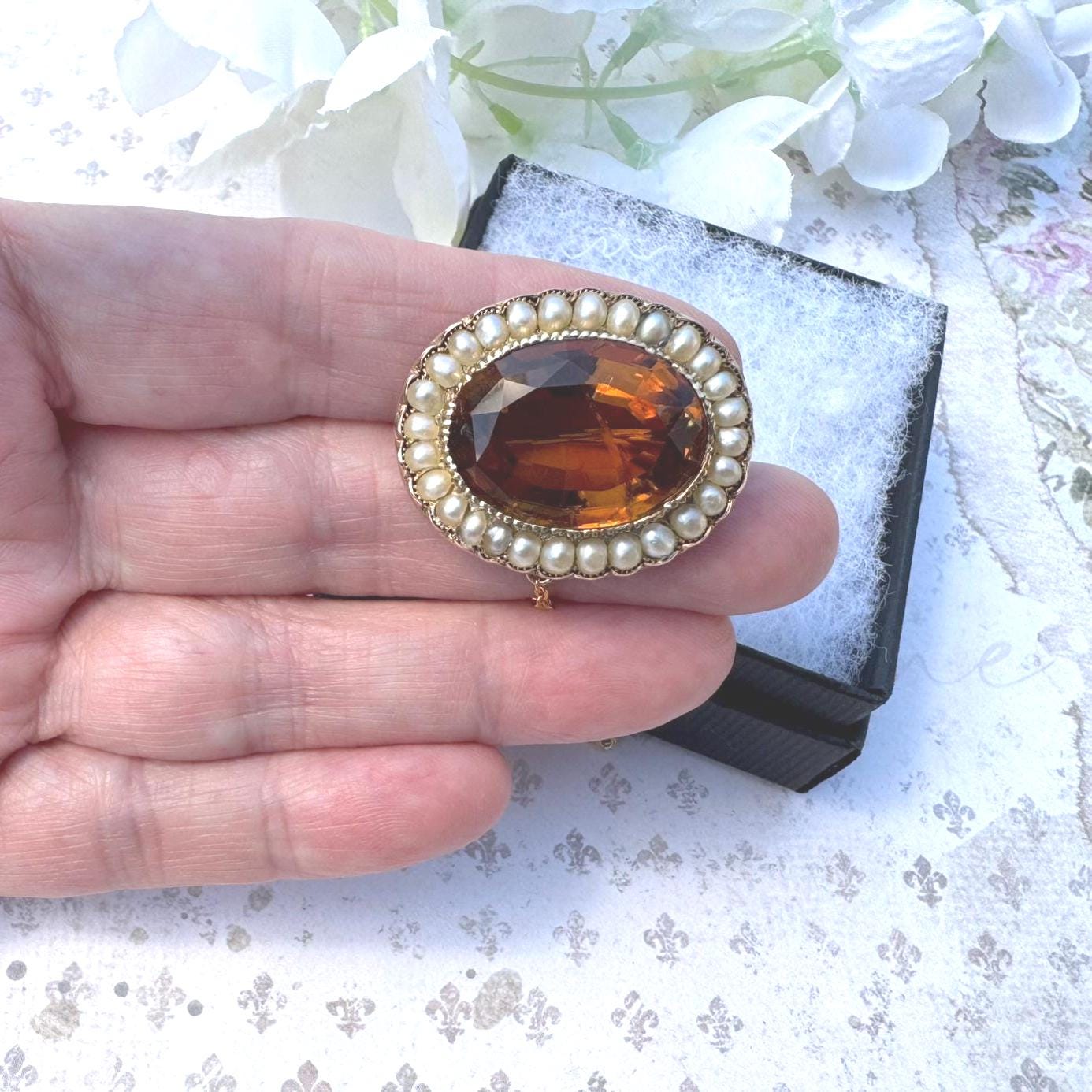 Antique Georgian 25ct Oval Cut Citrine & Pearl 15ct Gold Brooch. Victorian Rose Gold Scottish Cairngorm Golden Citrine Seed Pearl Brooch