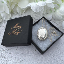 Charger l&#39;image dans la galerie, Antique Victorian Engraved Forget-Me-Not Sterling Silver Locket Pendant Necklace. Medium Oval Puffy 2-Sided Locket &amp; Curb Chain
