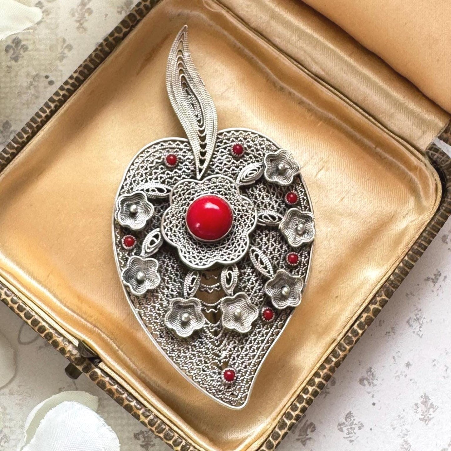Vintage Art Deco Italian Coral & Silver Cannetille Witches Heart Brooch. Large 1930's Natural Red Coral 800 Silver Figural Brooch/Pendant