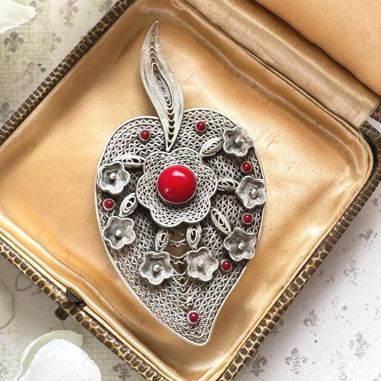 Vintage Art Deco Italian Coral & Silver Cannetille Witches Heart Brooch. Large 1930's Natural Red Coral 800 Silver Figural Brooch/Pendant