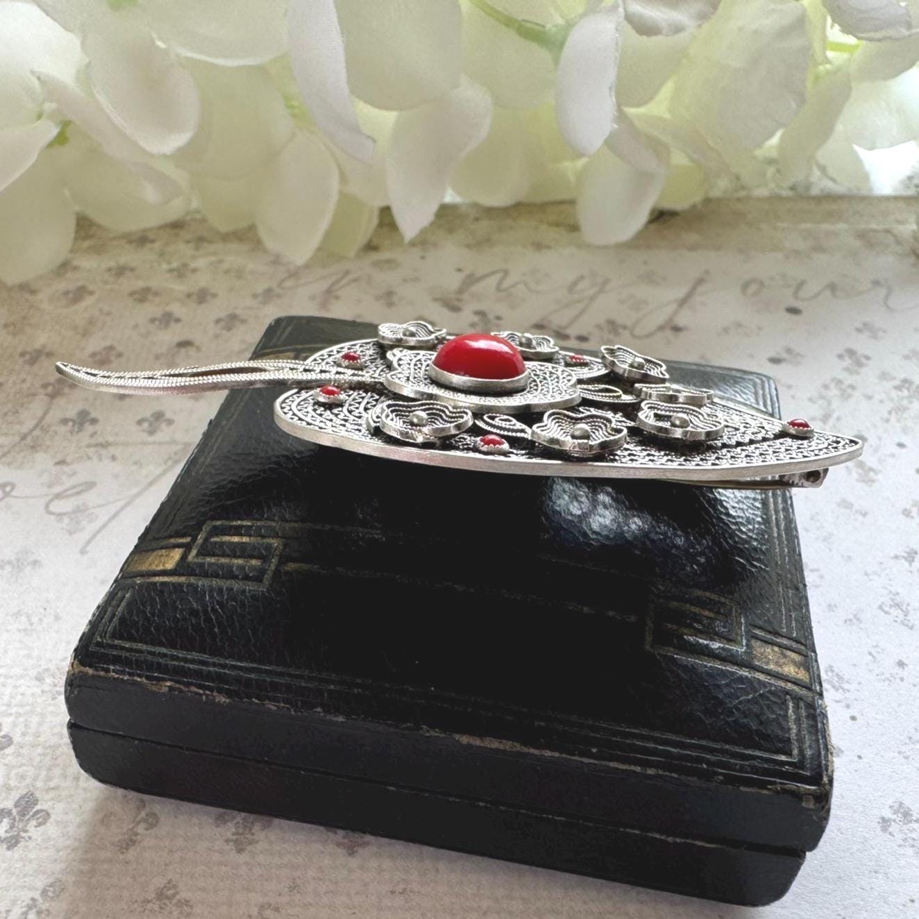 Vintage Art Deco Italian Coral & Silver Cannetille Witches Heart Brooch. Large 1930's Natural Red Coral 800 Silver Figural Brooch/Pendant