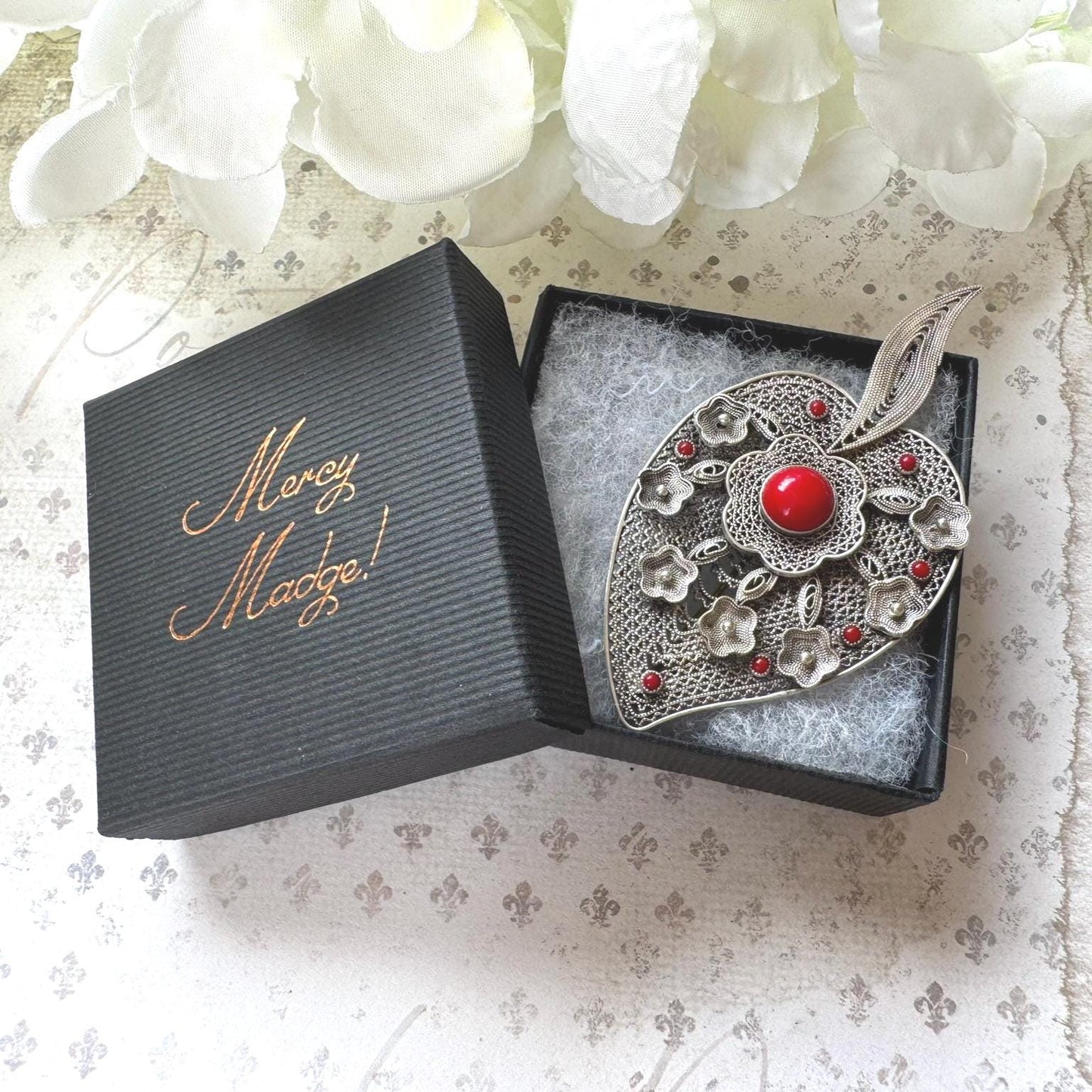 Vintage Art Deco Italian Coral & Silver Cannetille Witches Heart Brooch. Large 1930's Natural Red Coral 800 Silver Figural Brooch/Pendant