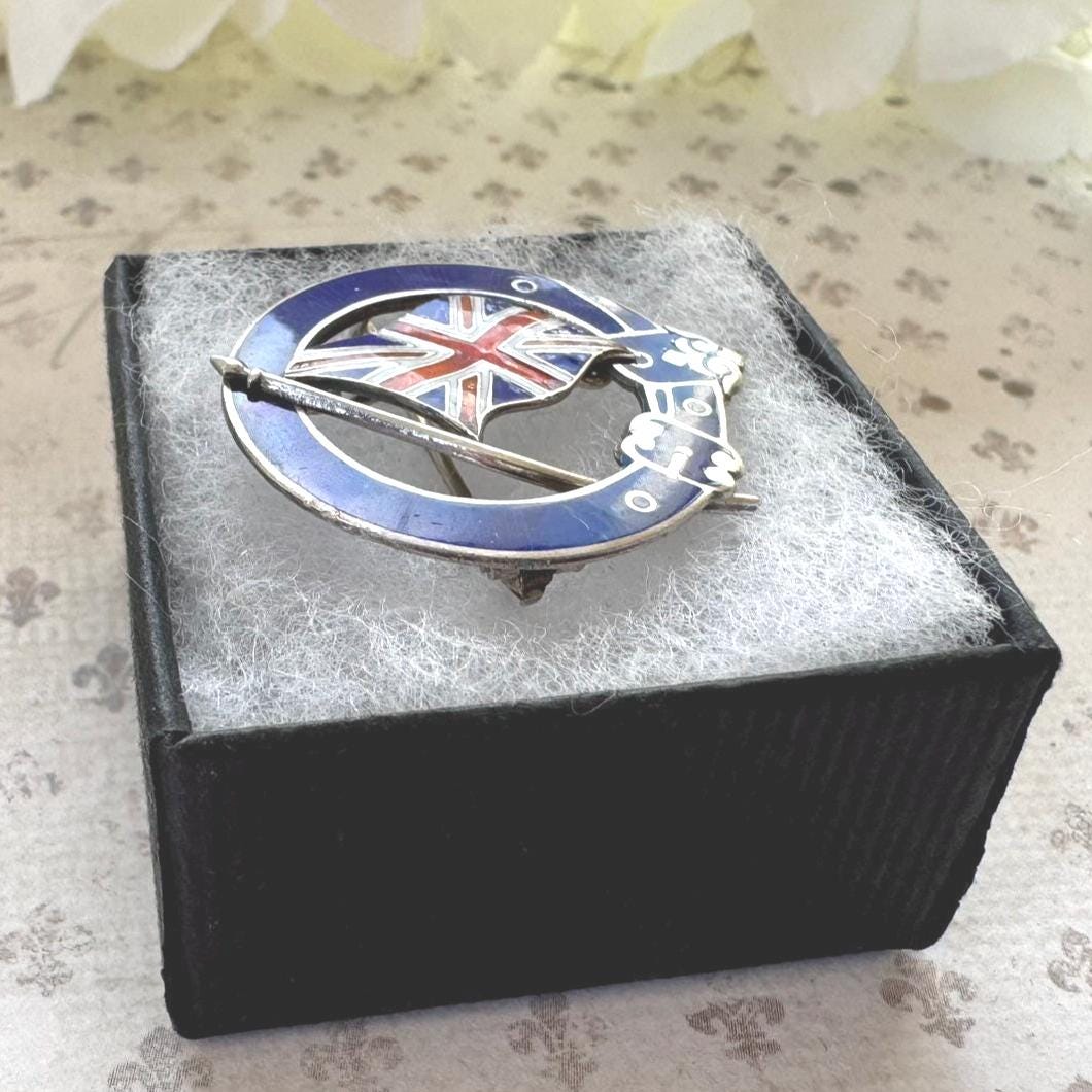 Antique Silver & Enamel Royal Garter Patriotic Union Jack Flag Brooch